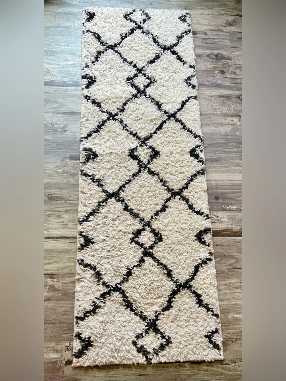 Cream & Brown Geometric Shag Runner Rug – Approx. 19.5” x 59.5”